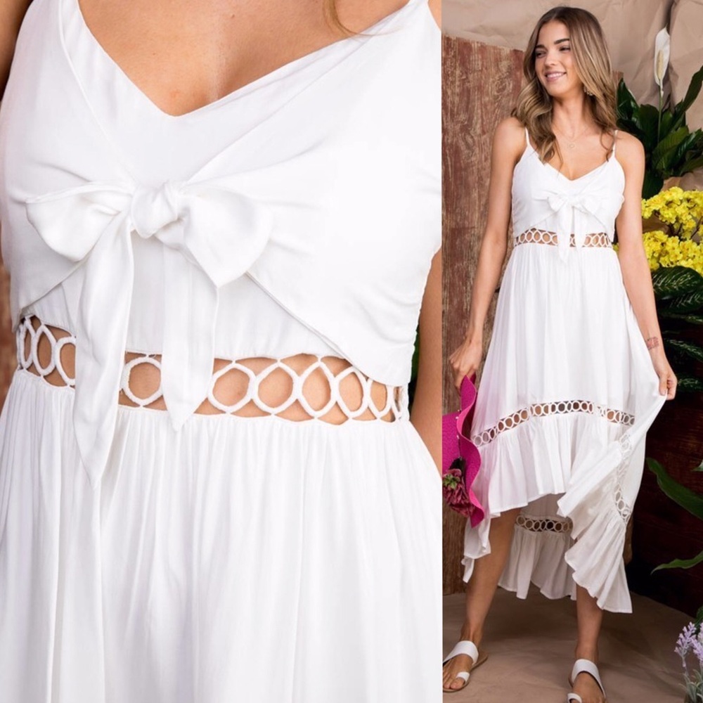 NEW! Tie Front Lace High Low Maxi Dress White - Picture 2 of 6